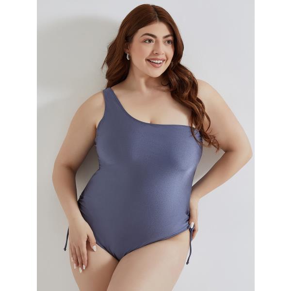 Shiny one shoulder one piece swimsuit curvy in blue | Celestino