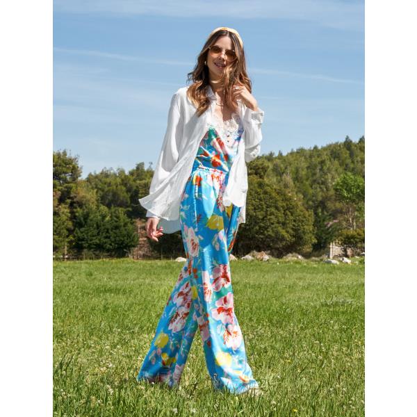 Floral wide leg trousers with decorative cord in blue