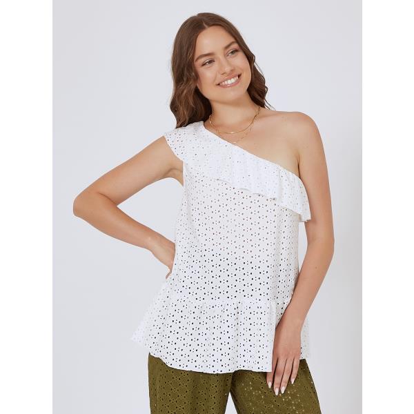 ★LARTIGENT★ L17 DOT ONESHOULDER TOPWHITE Asymmetric One Shoulder Slinky White Top | Public Desire