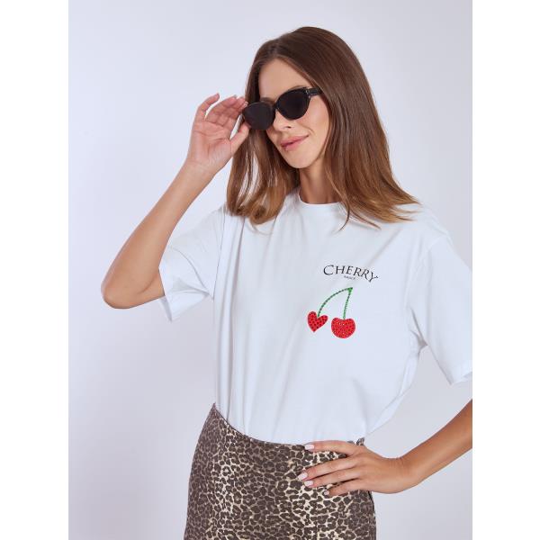 ONLY dam-T-shirt ONLHAPPY - Oatmeal Cherry emb