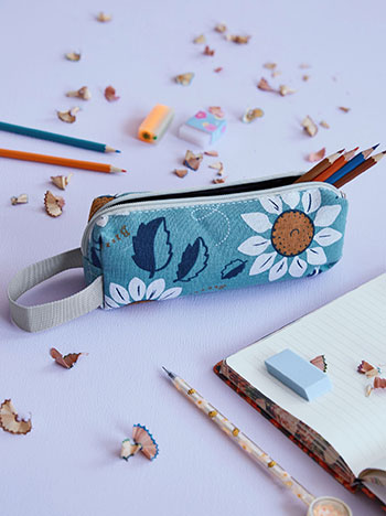 Printed pencil pouche in sky blue yellow1