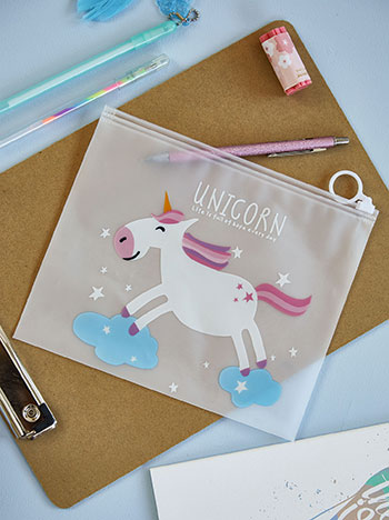 Pencil case with unicorn in sky blue fuchsia