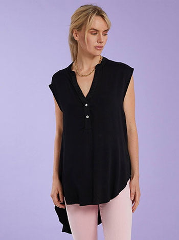 Ασύμμετρη μπλούζα με κουμπιά, ύφασμα με ελαστικότητα, απαλή υφή, μαυρο