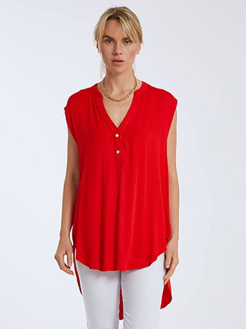 Ασύμμετρη μπλούζα με κουμπιά, ύφασμα με ελαστικότητα, απαλή υφή, κοκκινο