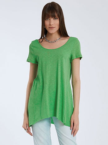 Ασύμμετρη βαμβακερή μπλούζα, στρογγυλή λαιμόκοψη, αφινίριστες λεπτομέρειες, celestino collection, πρασινο ανοιχτο