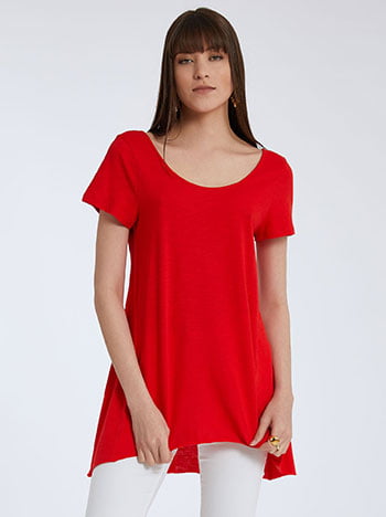 Ασύμμετρη βαμβακερή μπλούζα, στρογγυλή λαιμόκοψη, αφινίριστες λεπτομέρειες, celestino collection, κοκκινο