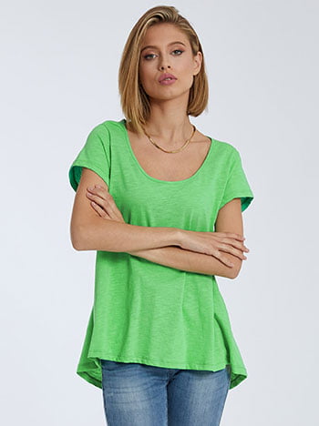 Βαμβακερή μπλούζα με ασύμμετρο τελείωμα, ύφασμα με ελαστικότητα, απαλή υφή, στρογγυλή λαιμόκοψη, celestino collection, πρασινο ανοιχτο