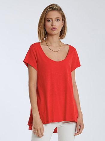 Βαμβακερή μπλούζα με ασύμμετρο τελείωμα, ύφασμα με ελαστικότητα, απαλή υφή, στρογγυλή λαιμόκοψη, celestino collection, κοκκινο