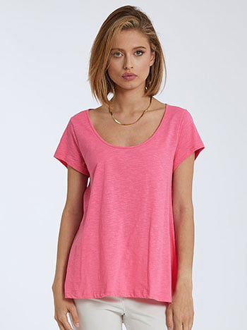Βαμβακερή μπλούζα με ασύμμετρο τελείωμα, ύφασμα με ελαστικότητα, απαλή υφή, στρογγυλή λαιμόκοψη, celestino collection, ροζ