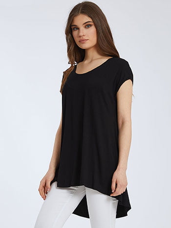 Κοντομάνικη ασύμμετρη μπλούζα, ύφασμα με ελαστικότητα, απαλή υφή, στρογγυλή λαιμόκοψη, celestino collection, μαυρο