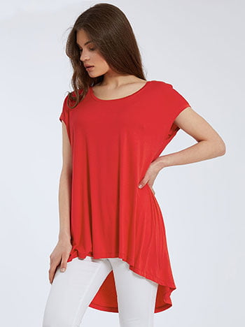 Κοντομάνικη ασύμμετρη μπλούζα, ύφασμα με ελαστικότητα, απαλή υφή, στρογγυλή λαιμόκοψη, celestino collection, κοκκινο