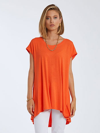 Κοντομάνικη ασύμμετρη μπλούζα, ύφασμα με ελαστικότητα, απαλή υφή, στρογγυλή λαιμόκοψη, celestino collection, πορτοκαλι