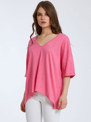 Μπλούζα με v λαιμόκοψη, ύφασμα με ελαστικότητα, απαλή υφή, celestino collection, ροζ
