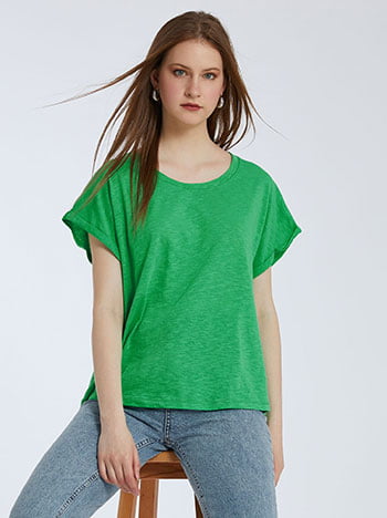 Μπλούζα με γυριστό μανίκι, ύφασμα με ελαστικότητα, απαλή υφή, στρογγυλή λαιμόκοψη, celestino collection, πρασινο ανοιχτο