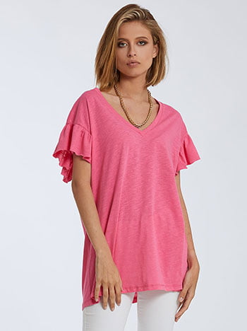 Μπλούζα με βολάν, v λαιμόκοψη, celestino collection, ροζ