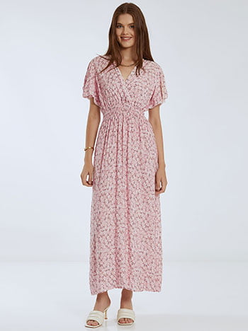 Floral φόρεμα, κρουαζέ, ελαστική μέση, χωρίς κούμπωμα, ροζ