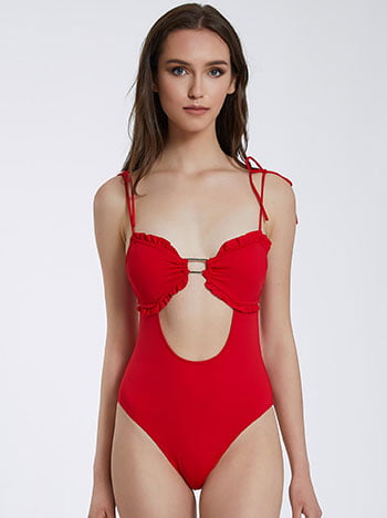 One-piece swimsuit with ruffles in red