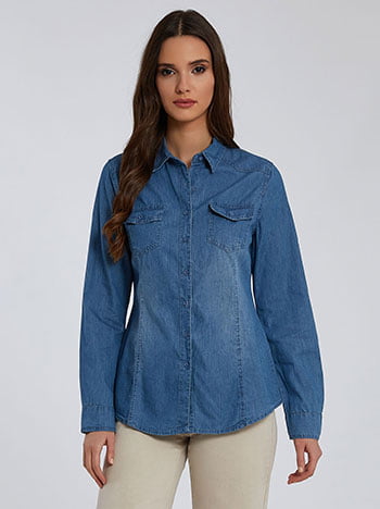 Βαμβακερό πουκάμισο, κλασικός γιακάς, κλείσιμο με κουμπιά, με τσέπες, μπλε