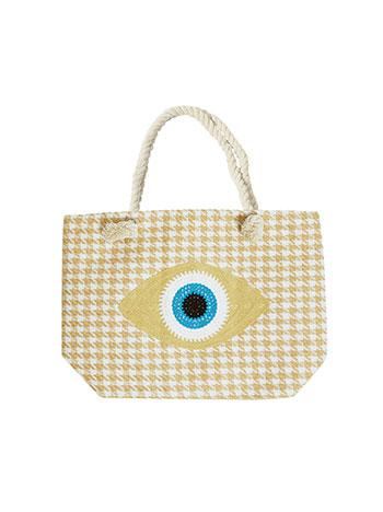 Beach bag with knitted evil eye in white beige