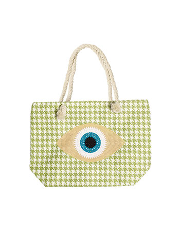 Beach bag with knitted evil eye in lime white