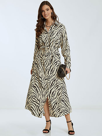 Maxi φόρεμα σε animal print, κλείσιμο με κουμπιά, κλασικός γιακάς, αποσπώμενη ζώνη, γυριστό μανίκι με κουμπί, με τσέπη, μπεζ ανοιχτο