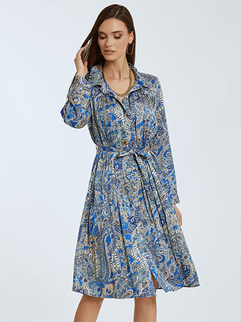 Φόρεμα με πιέτες και λαχούρια, κλασικός γιακάς, αποσπώμενη ζώνη, σατέν όψη, κλείσιμο με κουμπιά, μπλε ελεκτρικ