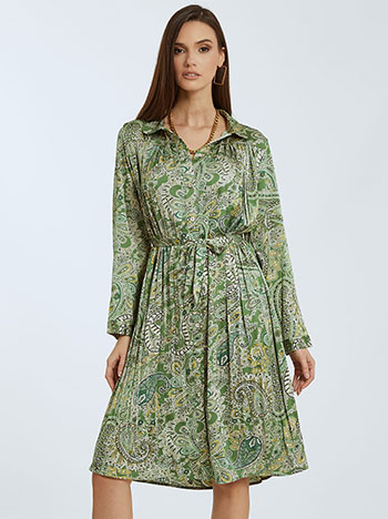 Φόρεμα με πιέτες και λαχούρια, κλασικός γιακάς, αποσπώμενη ζώνη, σατέν όψη, κλείσιμο με κουμπιά, πρασινο