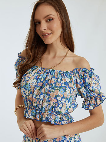 Floral κοντή μπλούζα, ακάλυπτοι ώμοι, ελαστικό τελείωμα, μπλε