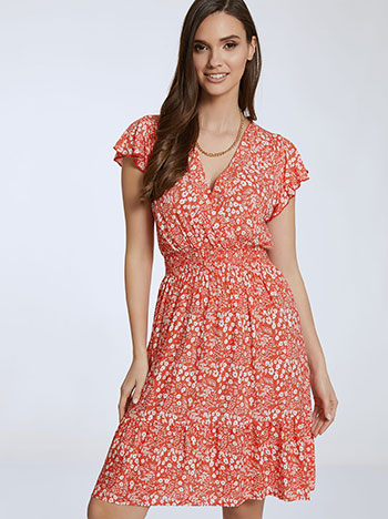 Εμπριμέ mini φόρεμα, κρουαζέ, ελαστική μέση, με βολάν, κοκκινο