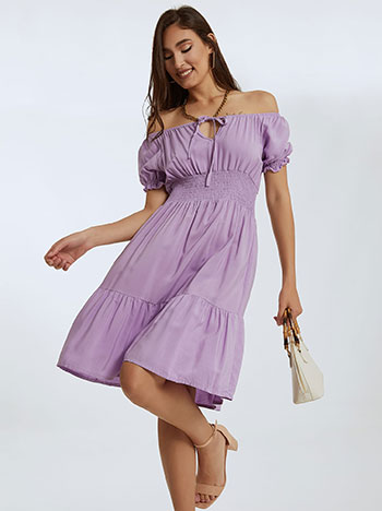 Mini φόρεμα, ελαστική μέση, με δέσιμο, μωβ ανοιχτο