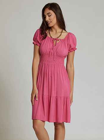 Mini φόρεμα, ελαστική μέση, με δέσιμο, σκουρο ροζ