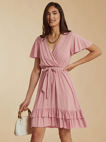Mini φόρεμα με βολάν, κρουαζέ, ελαστική μέση, αποσπώμενη ζώνη, ροζ
