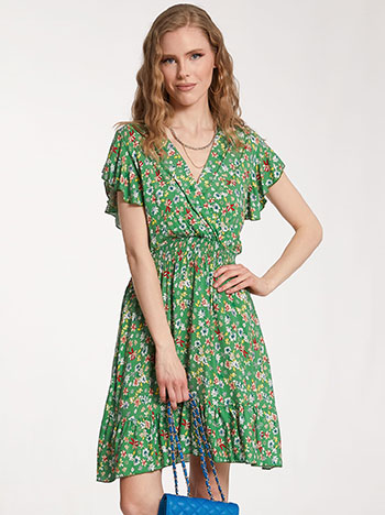 Mini φόρεμα με βαμβάκι, κρουαζέ, ελαστική μέση, με βολάν, πρασινο