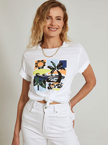 Unisex t-shirt surf, στρογγυλή λαιμόκοψη, λευκο