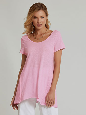 Μπλούζα με διακοσμητικές ραφές, λαιμόκοψη χαμόγελο, ασύμμετρο τελείωμα, αφινίριστο τελείωμα, celestino collection, ροζ ανοιχτο