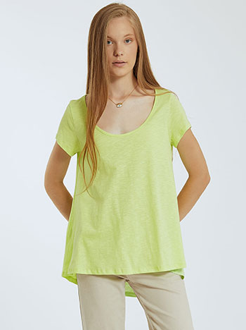 Βαμβακερή ασύμμετρη μπλούζα, στρογγυλή λαιμόκοψη, ασύμμετρο τελείωμα, celestino collection, φλουο πρασινο
