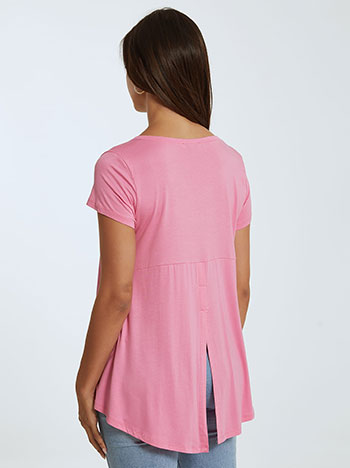 Μπλούζα με άνοιγμα στο πίσω μέρος, λαιμόκοψη χαμόγελο, ασύμμετρο τελείωμα, ύφασμα με ελαστικότητα, celestino collection, ροζ