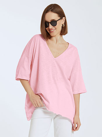 Βαμβακερή ασύμμετρη μπλούζα, v λαιμόκοψη, ύφασμα με ελαστικότητα, απαλή υφή, celestino collection, ροζ ανοιχτο