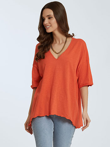 Βαμβακερή ασύμμετρη μπλούζα, v λαιμόκοψη, ύφασμα με ελαστικότητα, απαλή υφή, celestino collection, πορτοκαλι