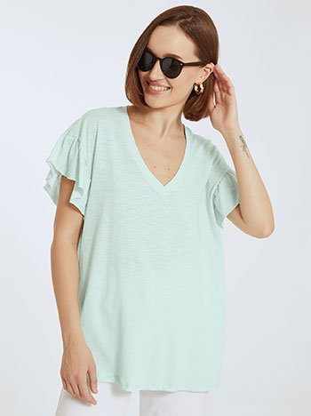 Βαμβακερή μπλούζα με βολάν στο μανίκι, v λαιμόκοψη, απαλή υφή, celestino collection, aquamarine