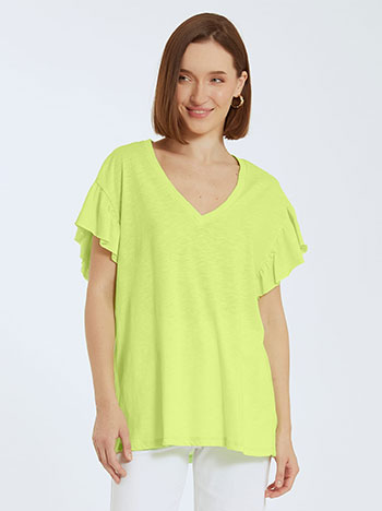Βαμβακερή μπλούζα με βολάν στο μανίκι, v λαιμόκοψη, απαλή υφή, celestino collection, φλουο πρασινο