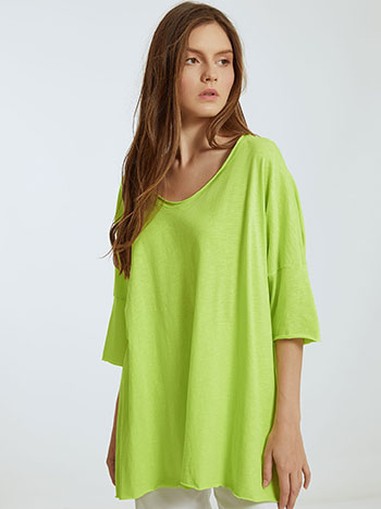 Oversized μπλούζα με αφινίριστο τελείωμα, στρογγυλή λαιμόκοψη, 3/4 μανίκι, celestino collection, φλουο πρασινο