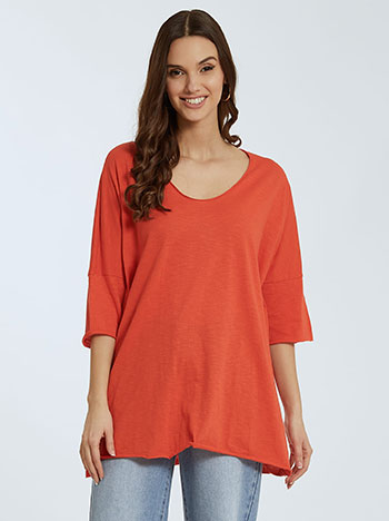 Oversized μπλούζα με αφινίριστο τελείωμα, στρογγυλή λαιμόκοψη, 3/4 μανίκι, celestino collection, πορτοκαλι