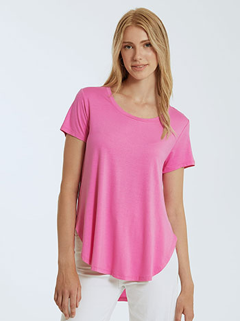 Κοντομάνικη μπλούζα με καμπύλη στο τελείωμα, στρογγυλή λαιμόκοψη, ανοίγματα στο πλάι, celestino collection, ροζ