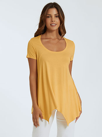 Κοντομάνικη ασύμμετρη μπλούζα, στρογγυλή λαιμόκοψη, ύφασμα με ελαστικότητα, απαλή υφή, celestino collection, κιτρινο σκουρο