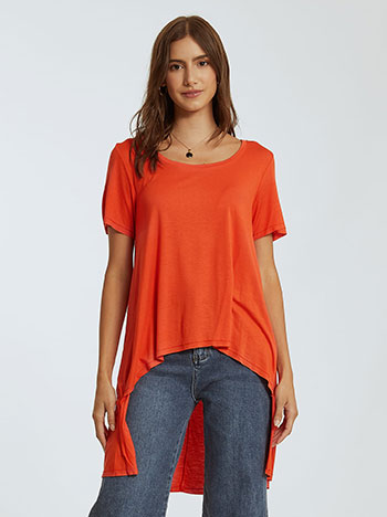Μακριά ασύμμετρη μπλούζα, στρογγυλή λαιμόκοψη, ύφασμα με ελαστικότητα, celestino collection, πορτοκαλι