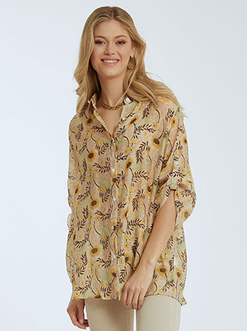 Floral πουκάμισο με βαμβάκι, κλείσιμο με κουμπιά, κλασικός γιακάς, γυριστό μανίκι με κουμπί, 3/4 μανίκι, κιτρινο