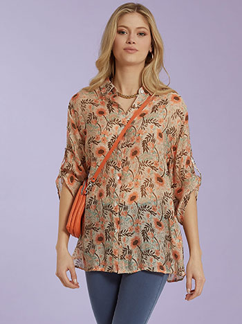 Floral πουκάμισο με βαμβάκι, κλείσιμο με κουμπιά, κλασικός γιακάς, γυριστό μανίκι με κουμπί, 3/4 μανίκι, πορτοκαλι