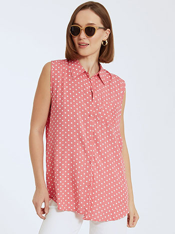 Αμάνικο πουά πουκάμισο, κλασικός γιακάς, με τσέπη, κλείσιμο με κουμπιά, ροζ