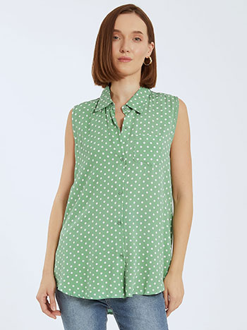 Αμάνικο πουά πουκάμισο, κλασικός γιακάς, με τσέπη, κλείσιμο με κουμπιά, πρασινο